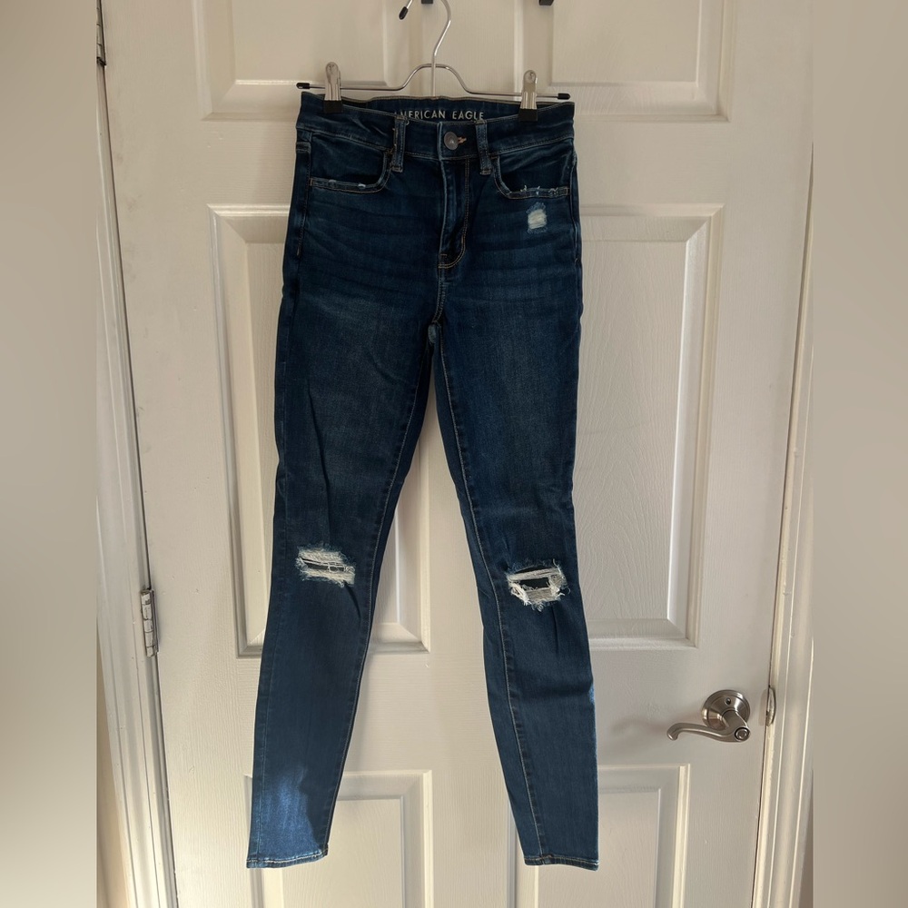 American Eagle Outfitters Blue Skinny Jeans with Distressed Details